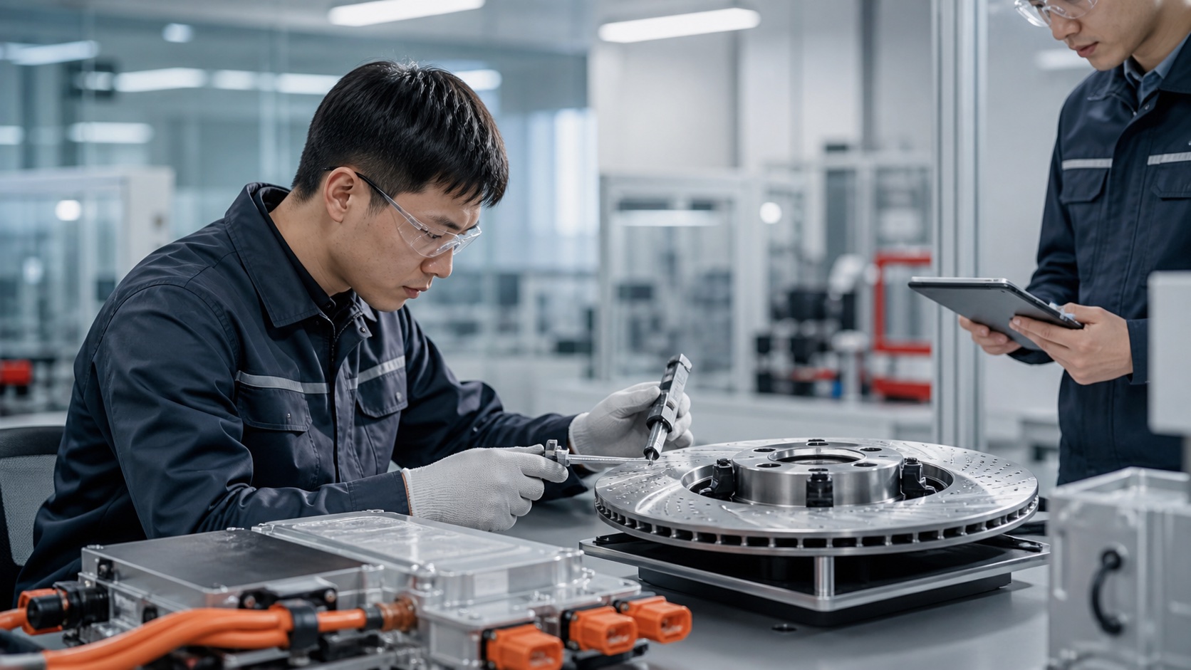 Technician inspecting an EV component